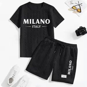 Men's Milano Italy Letter Graphic Textured Fabric Drawstring Waist Shorts Set 2 Counts, Short Sleeve T-Shirt & Pocket Track Shorts, Casual Fashion Cozy Men Two-Piece Outfits For Spring & Fall