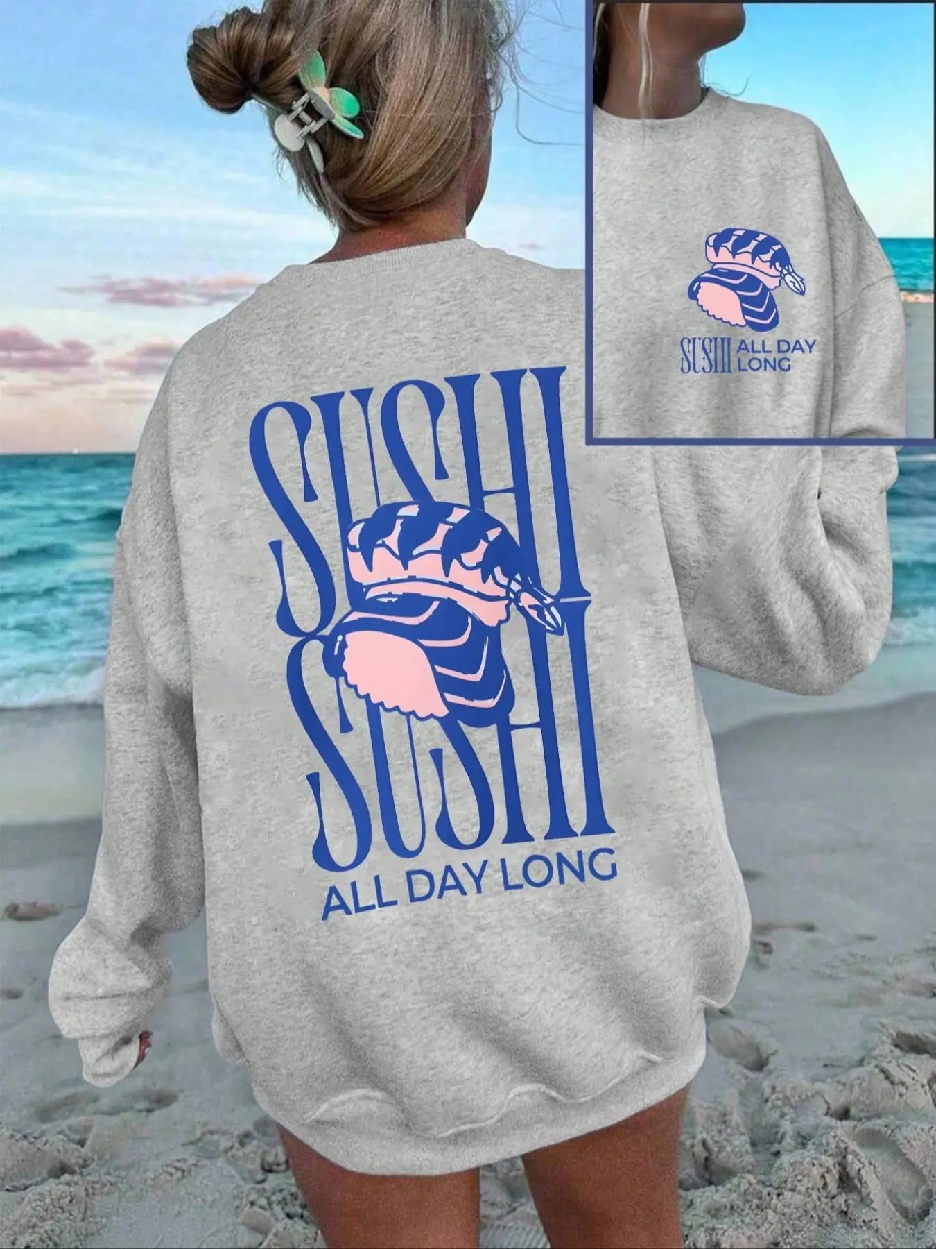 Women's Holiday Casual Loose-Fit Oversize Long Sleeve Sweatshirt, Sushi Print Geometric Pattern, Thick Fabric Knit Round Neck Pullover for Fall & Winter Seasons