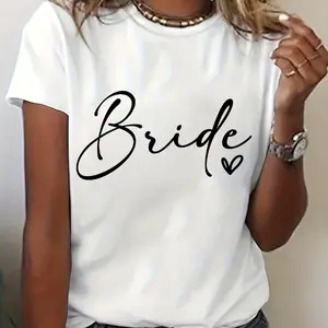 Women's Bridesmaid & Wedding Party T-Shirt - Bride Squad Lettering Print Short Sleeve Crew Neck Top, Bridesmaids Groomsmen Outfits, Spring Summer Wedding Apparel, Casual Fit Blouse for Bridesmaids White CLL T-shirts-2887