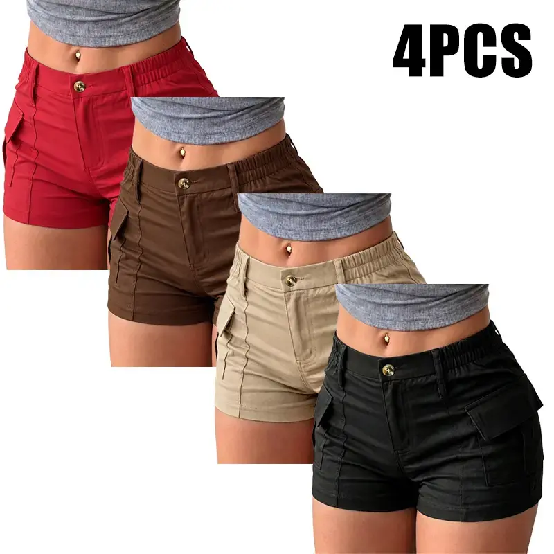 One pack contains 4 women’s high-waisted cargo shorts, designed specifically for summer street style, featuring pocket details and a casual, fashionable overall look. This versatile everyday outfit is perfect for outdoor activities, shopping, dates, and c
