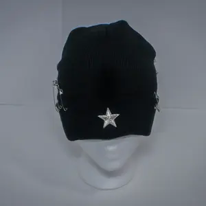 Star Beanie - Black Beanie with Star Design, Adjustable Fit, Ribbed Knit, Ideal for Cold Weather Wear