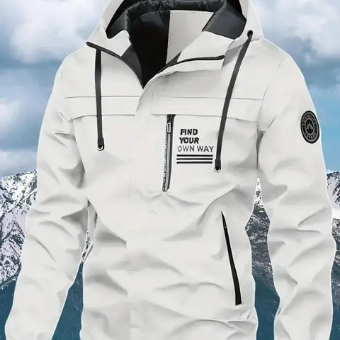 Men's Letter Patched Pocket Zip Up Hooded Winter Jacket, Casual Windproof Waterproof Long Sleeve Jersey Ski Outfits for Fall & Winter, Gym Clothes, Men's Sportswear for Outdoor Activities, Jackets for Men, Winter Coats, Fallfreshness