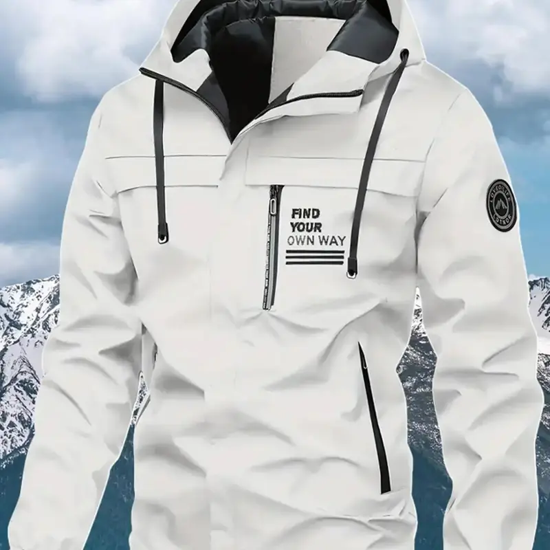 Men's Letter Patched Pocket Zip Up Hooded Winter Jacket, Casual Windproof Waterproof Long Sleeve Jersey Ski Outfits for Fall & Winter, Gym Clothes, Men's Sportswear for Outdoor Activities, Jackets for Men, Winter Coats, Fallfreshness