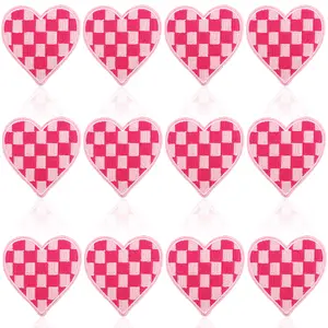 12Pcs Iron On Patches Heart Chrome Checkerboard Embroidery Appliques DIY Decoration Fashion Accessories for Jeans Jackets Hats Clothing Backpacks