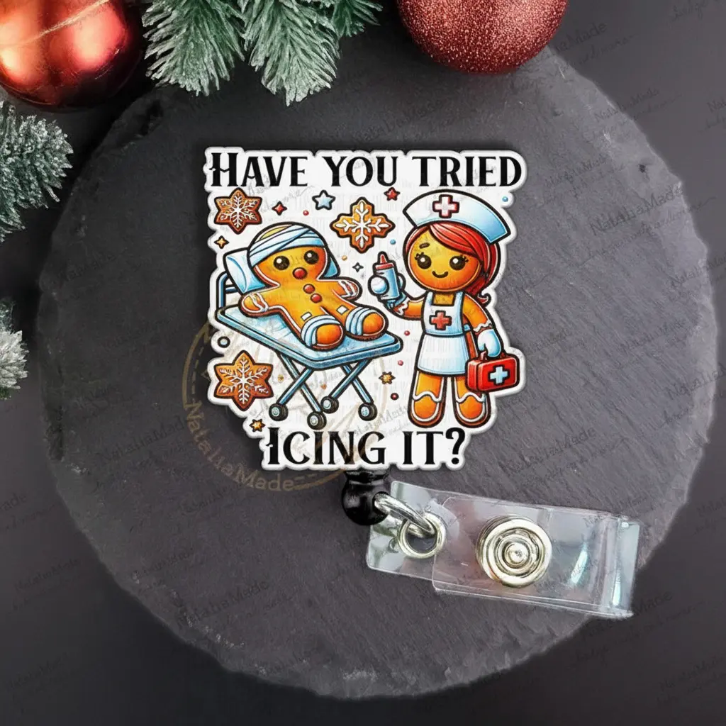 Funny Christmas Badge Reel, Gingerbread Nurse ID Holder, Heavy Duty Reel, Lanyard, Carabiner, MRI Safe Options. Makes a Great Nurse Gift
