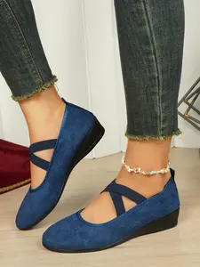Fashionable Women's Cross Strap Wedge Heels, Mary Jane Shoes, Comfortable Round Toe Design for Daily Wear, Casual Versatile Commuter Shoes for Ladies & Girls