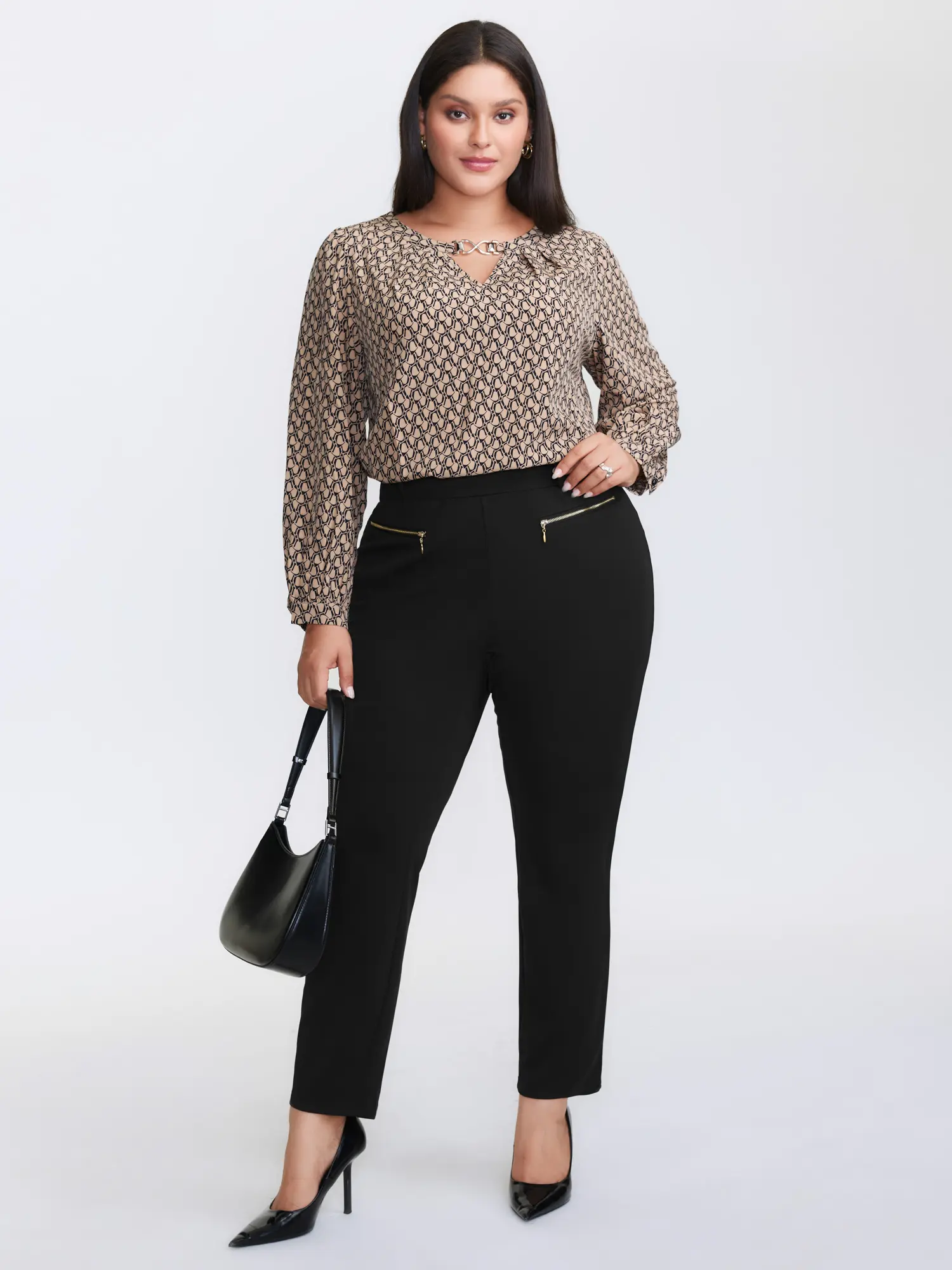 BLOOMCHIC Plus Size Women's Black Spandex-Polyester Fabric Garment - Mid Rise, Fitted Cut, 3/4 Stretch, Full Length, Zipper Front Pockets, Non-Belt Closure, [M-6X] Stretchy Flattering Pants for Summer Women's Bottoms