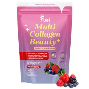 Fuel Multi Collagen Peptides Hydrolized ALL IN ONE Beauty Powder 10 Ingredients for Glowing Skin Healthy Hair & Nail Care GMO-Free Dietary Supplement Mixed Berry Flavor 11g Protein Digestive Enzymes Biotin Resveratrol Hyaluronic Acid
