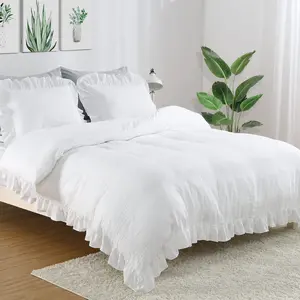 White Ruffle Queen Size Duvet Cover Set, 3PCS Soft Washed Microfiber Vintage French Country Design, 90x90 in, Luxurious Comfort & Easy Care
