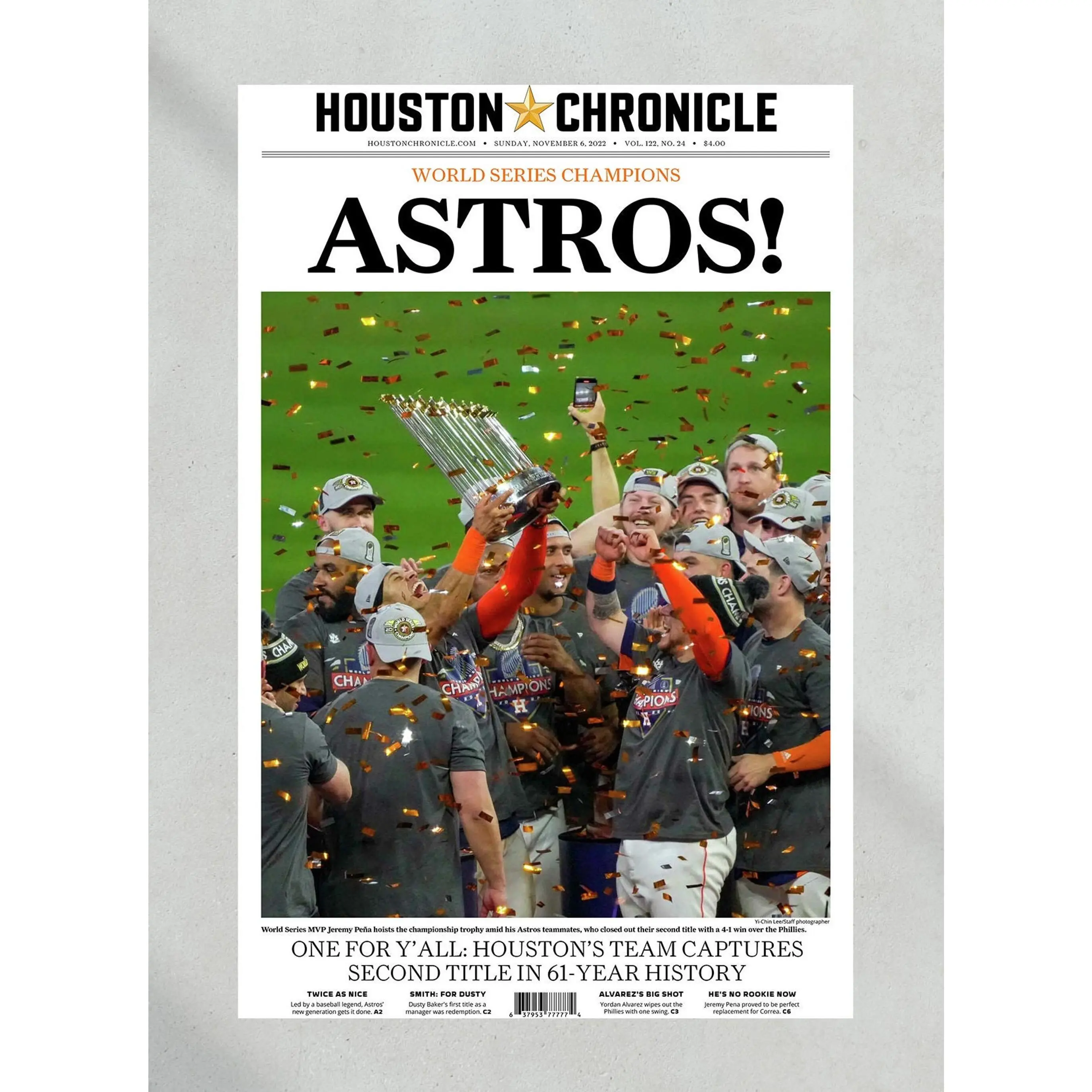 2022 Houston Astros Astros World Series Front Page Poster Print( Unframed - Print Only )