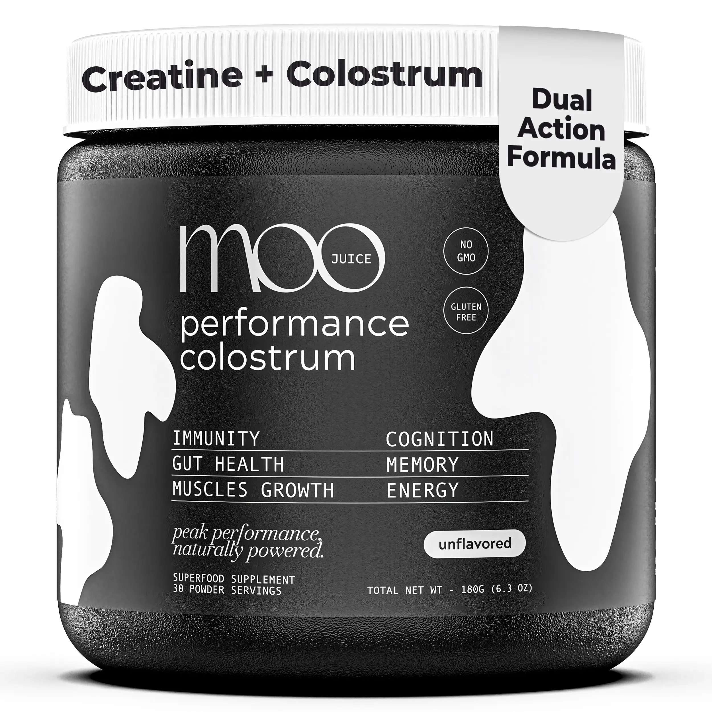 Moo Juice Colostrum Powder with Creatine Monohydrate | 2000mg Grass-Fed Bovine Colostrum + 5000mg Creatine | Bloat-Free Performance Combo | Unflavoured 6.3oz
