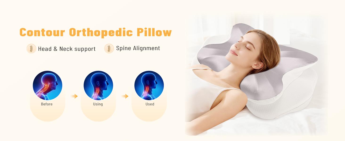 Silky Satin Ergonomic Contour Pillow, Dual Height Butterfly Cervical Support Memory Foam Pillow for Side Back Stomach Sleepers, Cooling Silk Surface Neck Pain Relief Bed Pillow