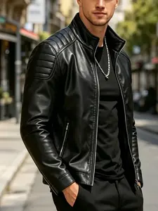 Men's PU Leather-Look Stand Collar Jacket, Slim Fit Quilted Shoulder Biker Jacket with Zip Pockets, Stylish Motorcycle Outerwear
