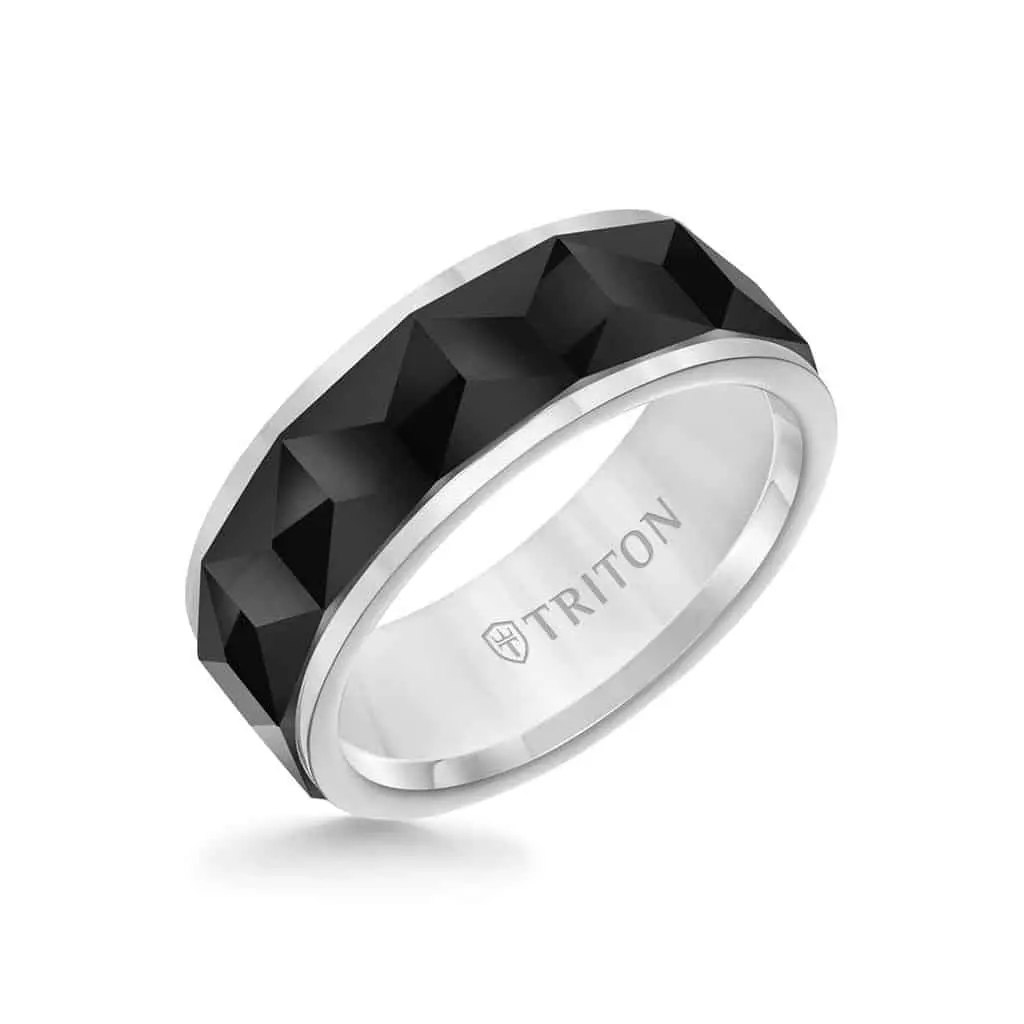 Triton White Tungsten Carbide Black Chevron Wedding Band, Size 10