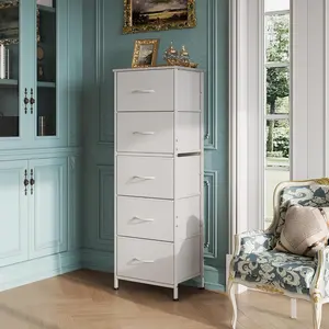 5 Drawer Fabric Dresser Tall Storage Tower with Wood Top Sturdy Metal Frame Large Capacity Chest of Drawers for Bedroom Closet or Hallway Available in Multiple Colors