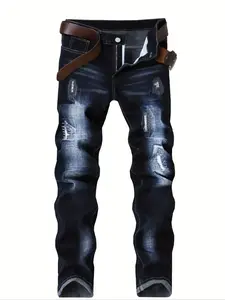 Men's Straight Leg Jeans with Embroidery Design, Comfortable Casual Pants for Daily Wear, Stylish Fashion Bottoms Suitable All Seasons