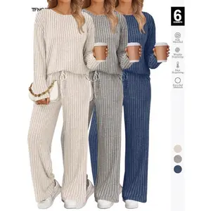Womens Lounge Sets 2 Piece Matching Pajamas Fall Fashion 2025 Ribbed Knit Outfits Long Sleeve Casual Sweatsuits