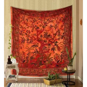 Tapestry Orange Tree of Life Wall Hanging Psychedelic Tapestries Indian Cotton Twin Bedspread Picnic Sheet Wall Decor Blanket Wall Art Hippie Bedroom Décor Landscape Retro Swiss