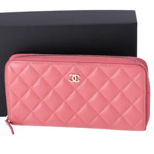 Pre-owned CHANEL Leather Small Leather Goods Wallet Pink Solid Classic Matelasse Long Zippy Wallet Caviar Leather