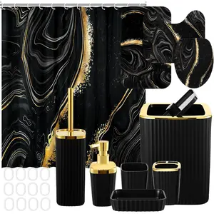 Patelai 10 Pcs Black Marble Bathroom Accessories Set Black and Gold Shower Curtain and Rugs Modern Marble Farmhouse Bathroom Decor Trash Can Soap Dish Toilet Lid Cover Toothbrush Holder Cup for Home