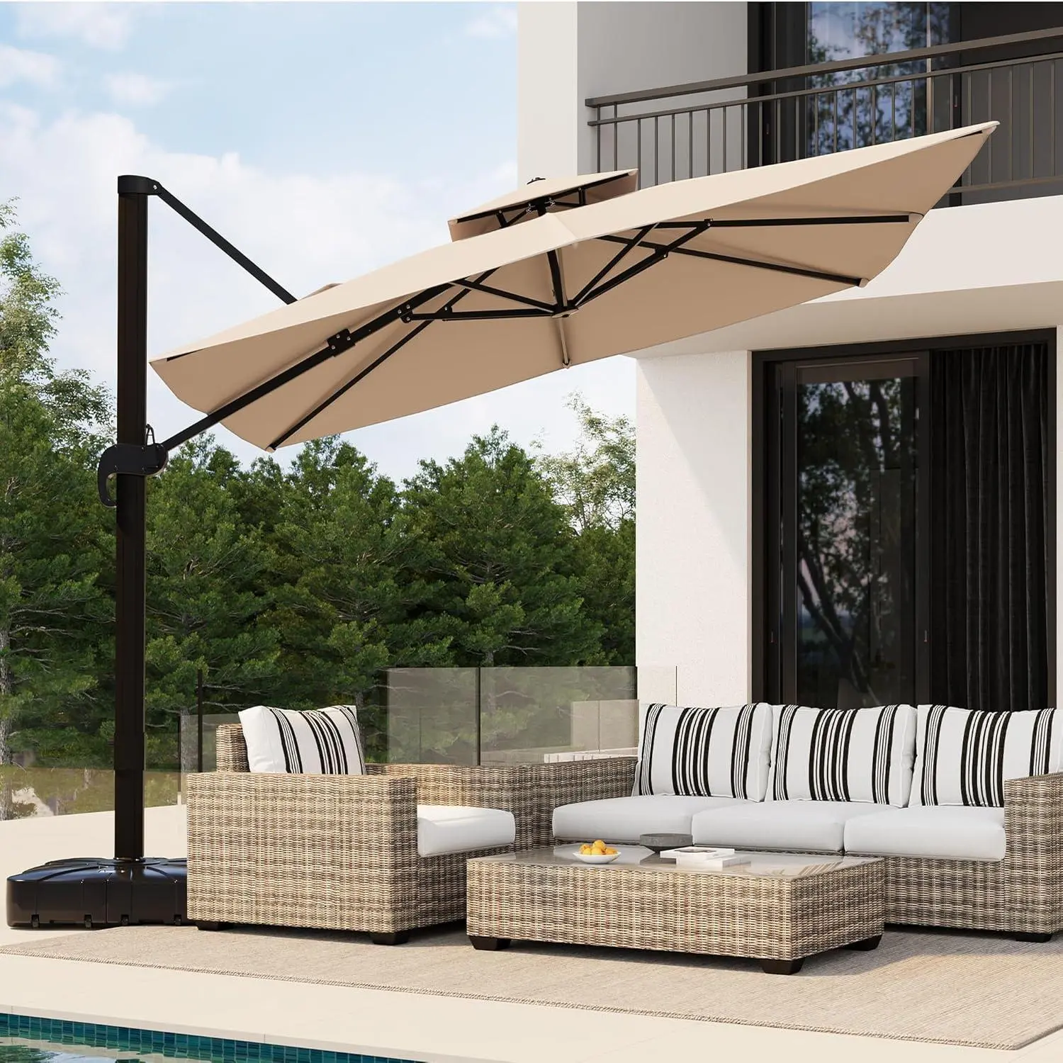 Large 10x10FT Square Outdoor Umbrella with Base, Double-Tier Vented Canopy, Cantilever Patio Umbrella with 360° Rotation & Adjustable Height, Heavy Duty Aluminum Frame, Durable Waterproof Oxford Fabric, for Outdoor Patio Garden Poolside, Multicolor