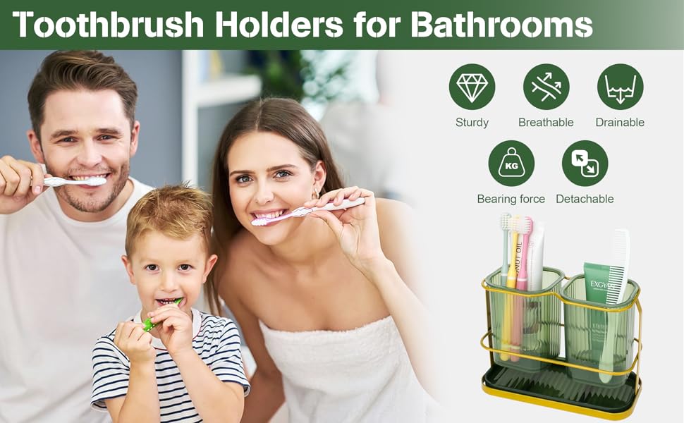 Countertop Toothbrush Holders, Wall Mounted Tooth Brush Toothpaste Holder for with Hook, 2 Cups Toothbrush Organizer with Drain Tray Accessories (Green) Countertop Toothbrush Holders, Wall Mounted Tooth Brush Toothpaste Holder for with Hook, 2 Cups Toothbrush Organizer with Drain Tray Accessories (Green)