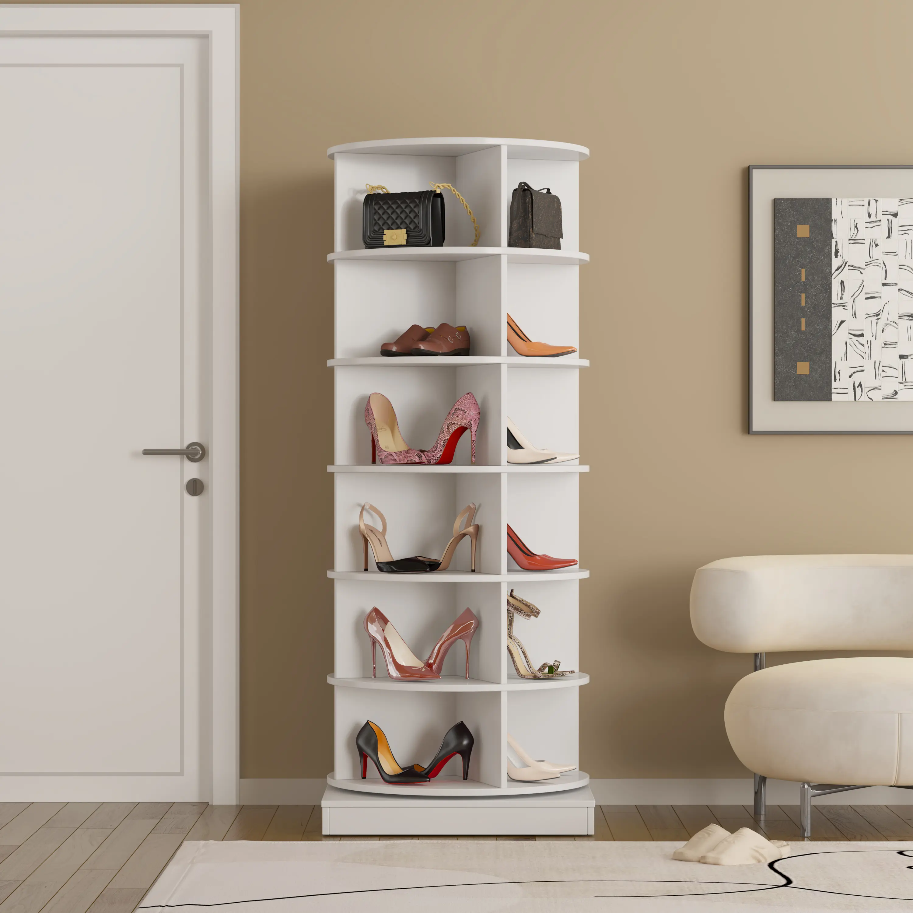 6-Tier Round Durable 360-Degree Rotatable Revolving Shoe Rack, Compartment Multi-Level Floor-Standing Lazy Susan Spinning Carousel, Vertical Closet Organizer for Shoes & Handbags, Compartment Shoe Storage, 360-Degree Shoe Racks