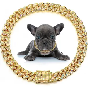 LEIFIDE Dog Chain Collar Diamond Link Puppy Collar 12 mm Wide Dog Necklace Metal Cat Chain Pet Crystal Necklace Jewelry Accessories for Small Medium Large Pet(10 Inch,Gold, AB Color)