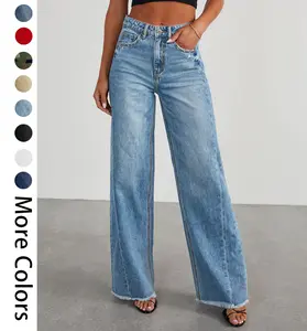 Women's Fashionable Cute Wide Leg Jeans Flowy High Waisted Strechy Raw Hem Zimbaplatinum Denim Pants(2 or 3 for fs)