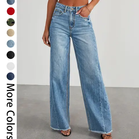 Women's Fashionable Cute Wide Leg Jeans Flowy High Waisted Strechy Raw Hem Zimbaplatinum Denim Pants(2 or 3 for fs)
