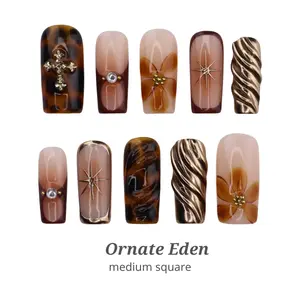 Lilynailsart | Ornate Eden Press On Nails – Medium Almond Golden Marble Nails
