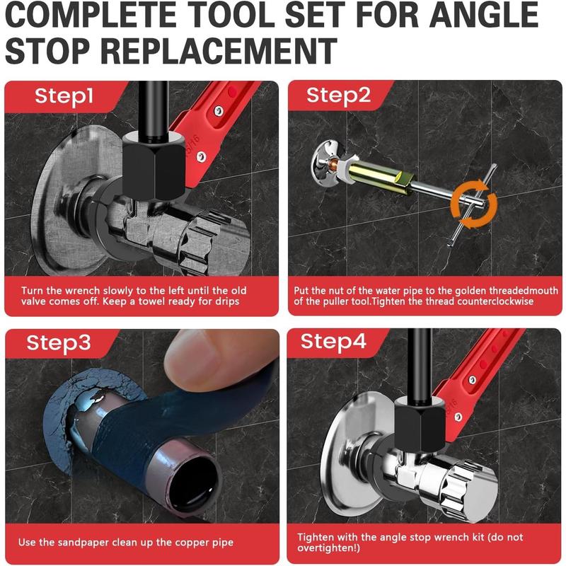 6 Pcs Plumbing Tools Kit with Angle Stop Wrench & 1/2-Inch Compression Sleeve Puller, Professional Plumbers Wrench, Sandpaper and Storage Bag for Frozen/Corroded Angle Stop
