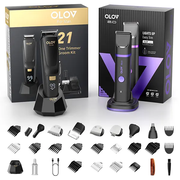 OLOV Ultimate All-in-One Grooming Kit for Men – safe Intimate Pubic Trimmer + 6-in-1 Beard/Face/Nose Shaver, Waterproof Rechargeable with LED Light & USB-C Dock