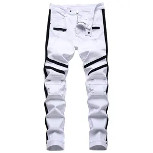 Men's White Slim Fit Jeans Ripped Skinny Jeans for Men, Fashion Biker Jeans Stretch Moto Cargo Denim Pants Menswear Trouser