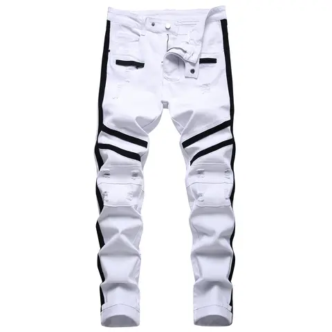 Men's White Slim Ripped Stretch Biker Moto Cargo Pants - Casual Fitted Frayed Jeans, Fashion Jean Bottoms, Streetwear Clothing for All Seasons, Menswear Trousers for Halloween, Rock