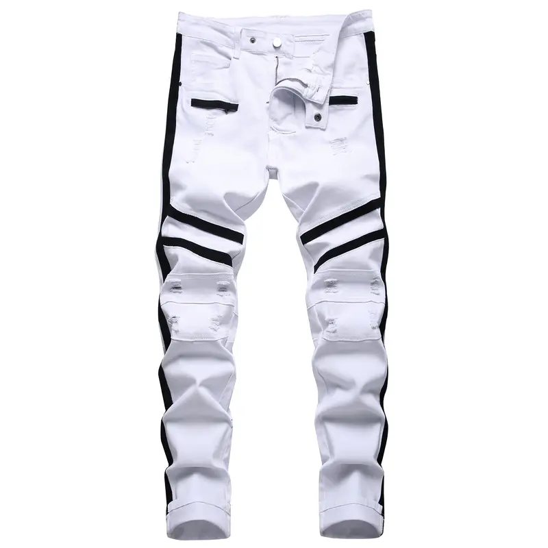 Men's White Slim Ripped Stretch Biker Moto Cargo Pants - Casual Fitted Frayed Jeans, Fashion Jean Bottoms, Streetwear Clothing for All Seasons, Menswear Trousers for Halloween, Rock