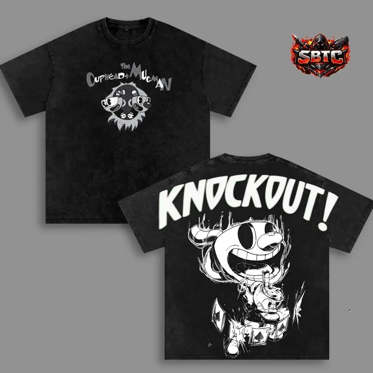 Cuphead & Mugman Knockout Graphic T-Shirt, Vintage Cartoon Run & Gun Game Tee, Double-Sided Acid Wash Cotton Shirt, Retro Animation Inspired Streetwear, Oversized Casual Gamer Apparel, Classic Video Game Fan Gift, Unisex Top 468