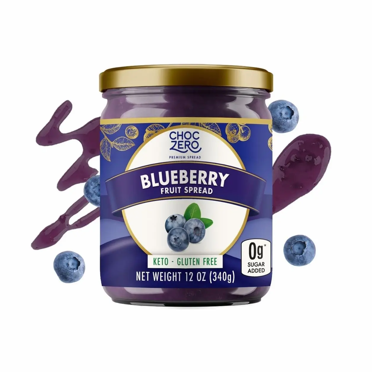 ChocZero Keto Blueberry Fruit Spread, No Added Sugar, Low Carb, All Natural Jam, Sweetened with Monk Fruit (1 jar, 12 oz)