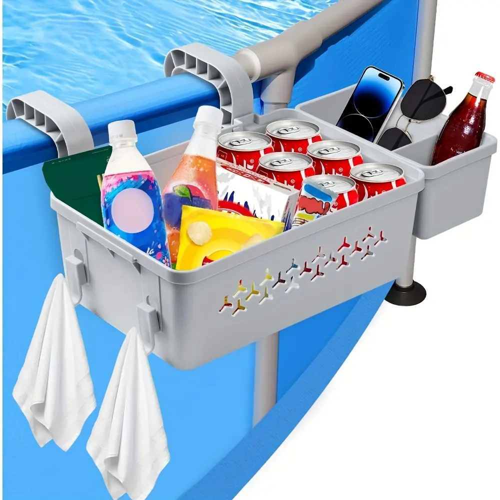 Poolside Storage Basket with Cup Holder, Thickened Plastic Design, Durable Above Ground Pool Accessory for Outdoor Use, Organiser