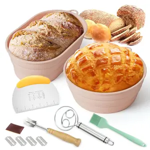 Silicone Banneton Bread Proofing Baskets - 9” Round & 10” Oval Foldable Sourdough Set with Tools Heat Resistant & Hanging Hook Non-Stick Easy Clean Sourdough Bread Baking Supplies Pink