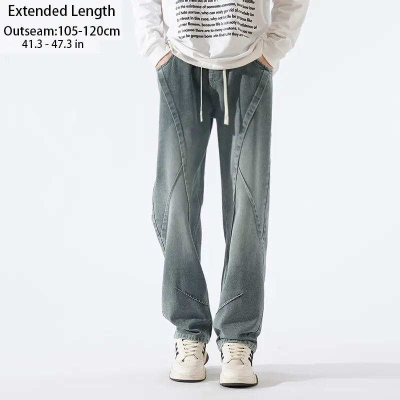 Men cotton Extra Long Straight Jeans Elastic Drawstring Waist 3D Split Seam Panel Design Extended Length 105-120cm Loose Casual Denim Pants For Tall Guys Streetwear Trousers   senior jeans