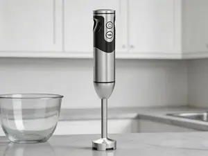 3-in-1 corded immersion hand blender with stainless steel titanium reinforcement. Features 12 speed settings and ultra-sharp blades. Comes with whisk and milk frother attachments in black finish.