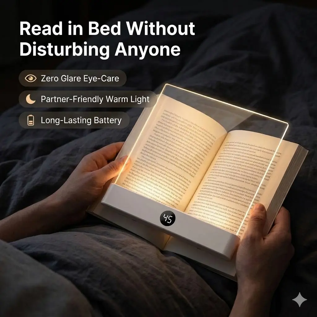 Rechargeable Clear LED Flat Book Light - Smart Reading Lamp with Timer & Dimmable Full Page Panel - Eye Protection Night Lighting, Unique Gift for Readers