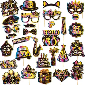 60th Birthday Party Photo Booth Props Set of 30, Paper Material, No Feathers, for Celebration and Selfie Station Accessories