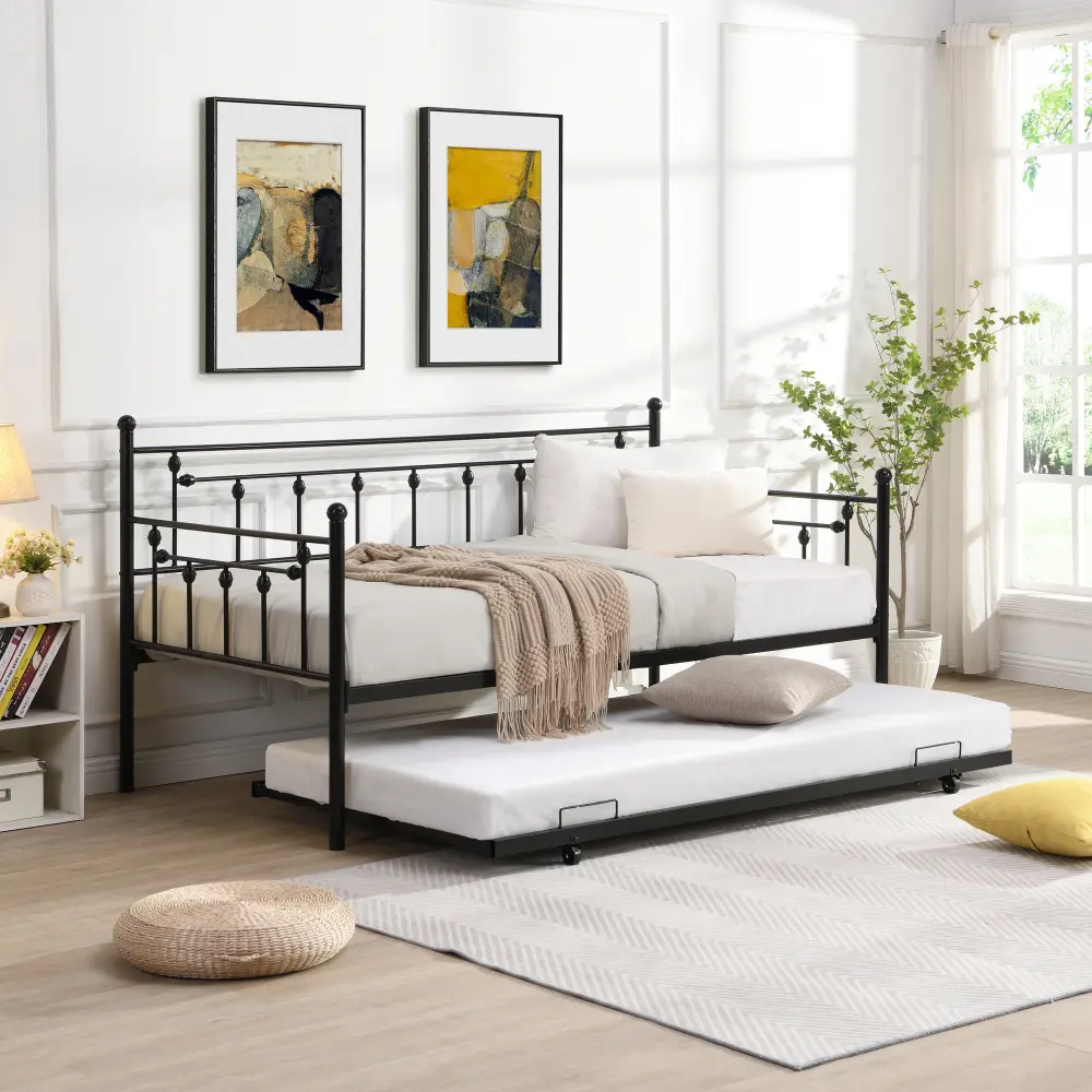 Modern Steel Metal Single Daybed with Sturdy Trundle Pull-Out Bed, 77.80x41.35x39.76 in, Easy Assembly, No Box Spring Needed, Multi-Functional Bunk Beds Alternative