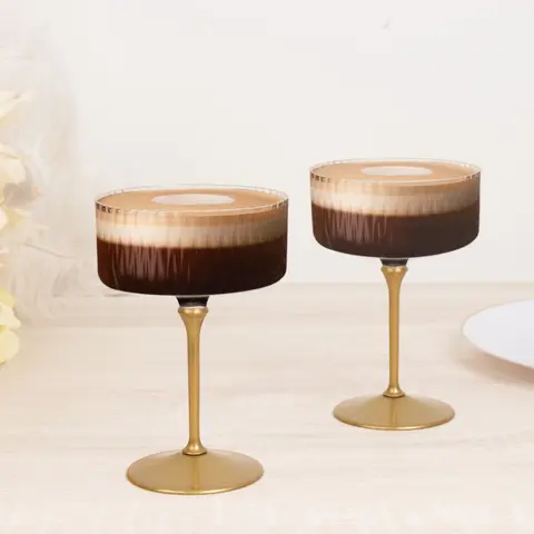 Premium Disposable Acrylic Drinking Glasses - 24-Pack 10oz Classic Ribbed Round Coupe Cocktail Cups with Gold Detachable Stem & Base for Birthday, Wedding Events