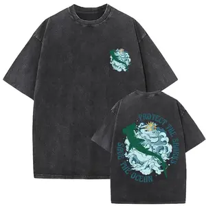 Streetwear Style Black Washed Protect The Sharks Save The Ocean Graphic T Shirt for Men Ocean Wave Shark Print Short Sleeve Crewneck Cotton Tee Trendy Casual Top for Environmental Advocates and Daily Activities