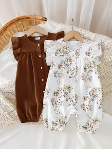Summer 2-Piece Baby Girls Set, Solid Color Vintage Print Ruffle Sleeve Romper, Snap Button Design, Comfortable Daily Wear