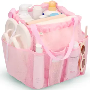 Portable Mesh Shower Caddy with Drawstring, Large Shower Bag for Dorm Room Essentials, College Students, Girls, Camping, Swimming, Gym, Travel & Bathroom Organizer - Pink