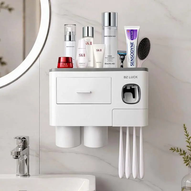 Wall-Mounted Bathroom Organizer with Automatic Toothpaste Dispenser, Bathroom Accessories, Wall Saves Counter, Removable Oral Grooming Automatic Dispenser Toothbrush Holders for Home Use